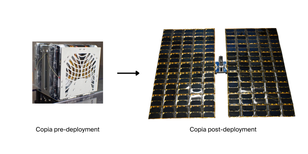 Astrix's inflatable, rigidizing solar arrays for spacecraft, pre-deployment and post-deployment form